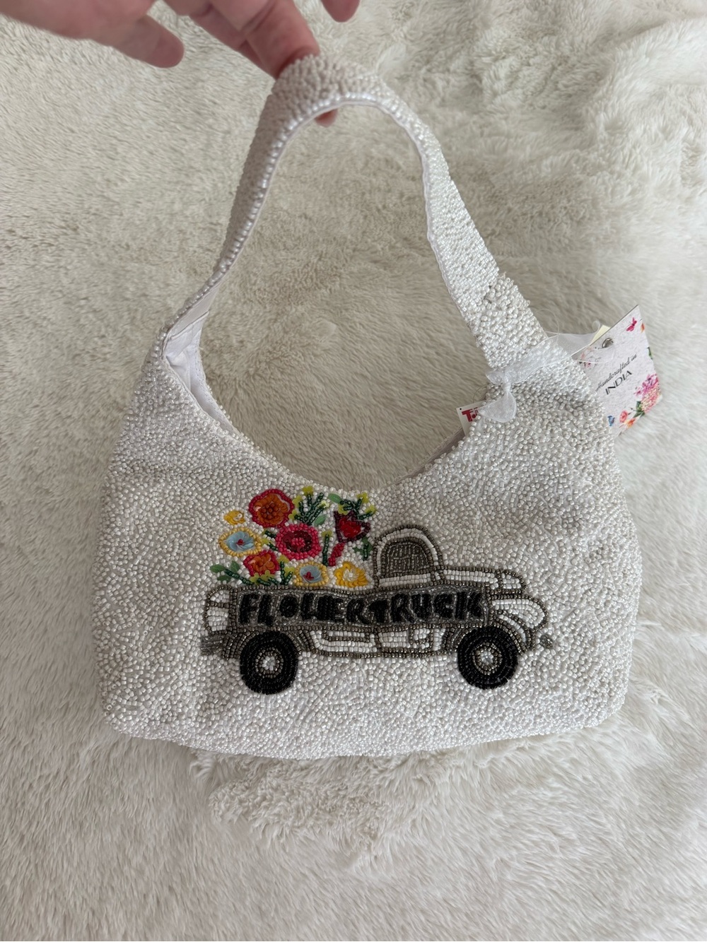NWT White Beaded Shoulder Bag with Floral Truck Motif Viral Tik Tok